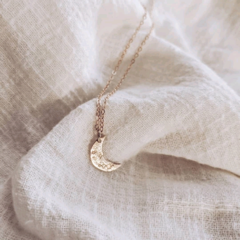 Stardust Crescent Moon Necklace - Handcrafted Hammered Brass Jewelry